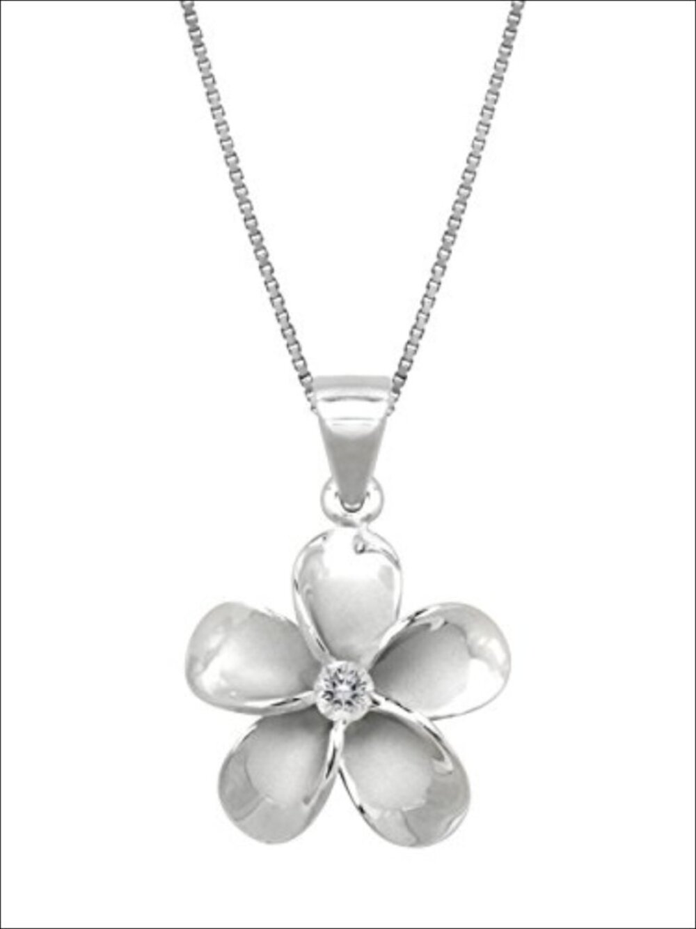 Sterling Silver Plumeria Flower Pendant Necklace with Cubic Zirconia 18" Chain